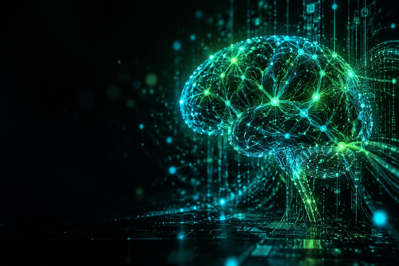 Cérebro digital de rede neural em verde e ciano sobre fundo escuro
